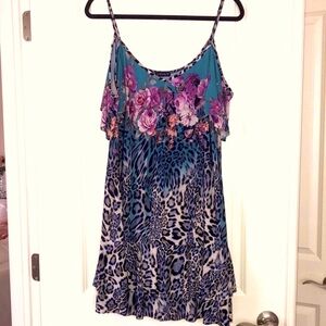 VENUS ANIMAL & FLOWERS PRINT CUT-OUT SHOULDERS SPAGHETTI STRAP DRESS